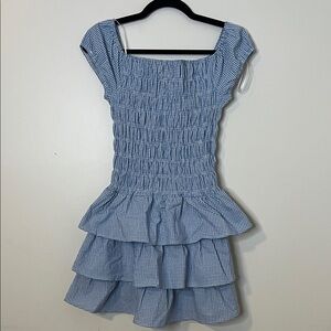 Blue Gingham Smocked Ruffle Dress scoop neck Cap sleeve